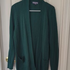 Laura Scott Green Open Front Cardigan | Ribbed Knit Cozy Sweater | Size LP